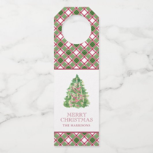 Waterverf Bourgogne & Green Plaid Kerstboom Flessenhanger (Voorkant)
