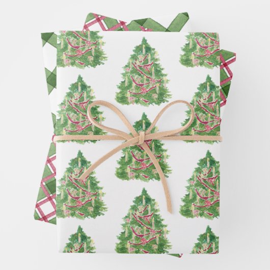 Waterverf Bourgogne & Green Plaid Kerstboom Inpakpapier Vel (In situ)