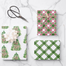 Waterverf Bourgogne & Green Plaid Kerstboom Inpakpapier Vel