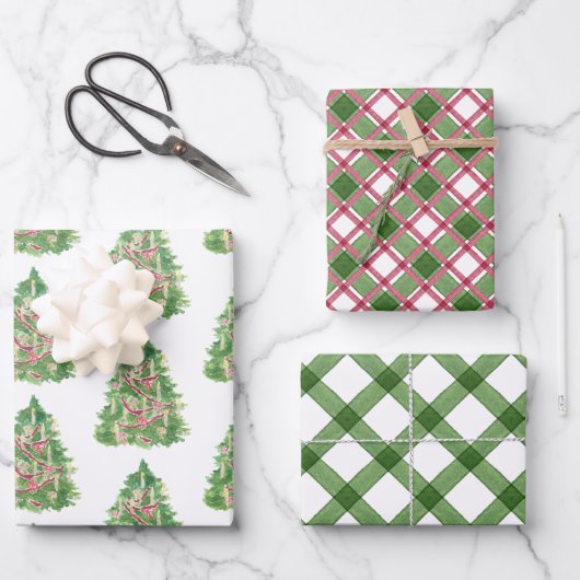 Waterverf Bourgogne & Green Plaid Kerstboom Inpakpapier Vel (Voorkant)