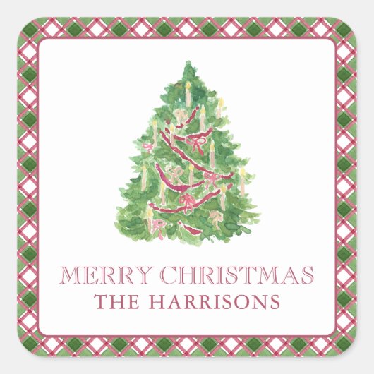 Waterverf Bourgogne & Green Plaid Kerstboom Vierkante Sticker (Voorkant)