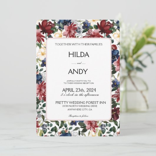 Waterverf Bourgogne Navy Rozen (Staand voorkant)