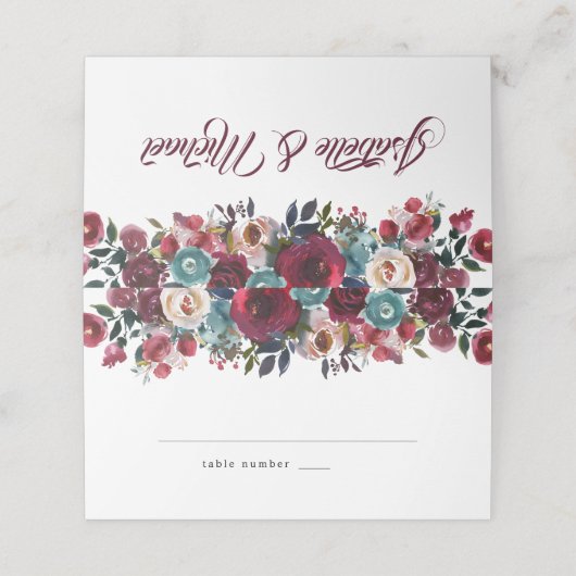 Waterverf Bourgogne Rode Bloemen Bruiloft Plaats K Plaatskaartje (Buitenkant ongevouwen)