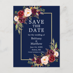 Waterverf Bourgogne Rozen Blauw Goud Save the Date Briefkaart