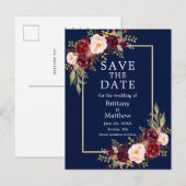 Waterverf Bourgogne Rozen Blauw Goud Save the Date Briefkaart (Voorkant / Achterkant)