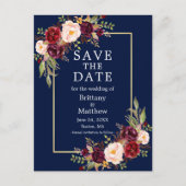 Waterverf Bourgogne Rozen Blauw Goud Save the Date Briefkaart (Voorkant)