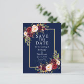 Waterverf Bourgogne Rozen Blauw Goud Save the Date Briefkaart (Staand voorkant)
