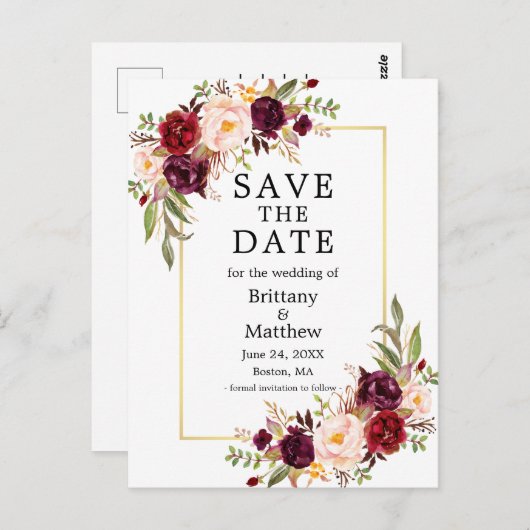 Waterverf Bourgogne Rozen Goud Lijst Save the Date Briefkaart (Voorkant / Achterkant)