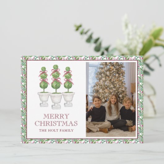 Waterverf Bourgogne Topiary Kerstfoto Feestdagenkaart (Staand voorkant)