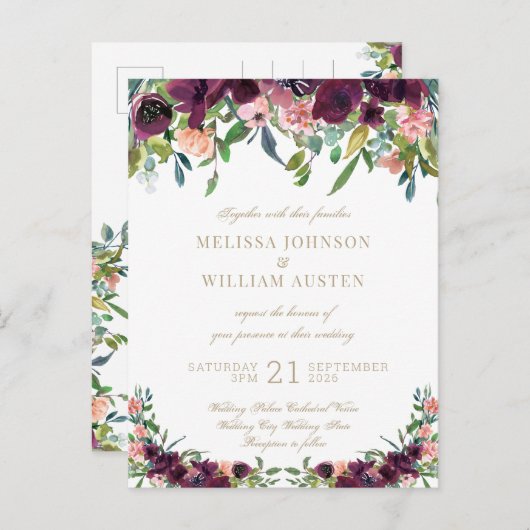 Waterverf Bourgogne Wit Goud Bloemen Bruiloft Uitnodiging Briefkaart (Voorkant / Achterkant)