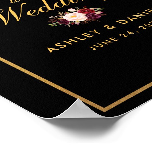 Waterverf Bourgogne Zwart Goud Bruiloft Welkom Poster (Hoek)