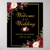 Waterverf Bourgogne Zwart Goud Bruiloft Welkom Poster (Voorkant)
