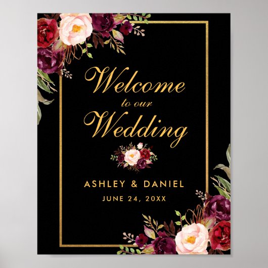 Waterverf Bourgogne Zwart Goud Bruiloft Welkom Poster (Voorkant)