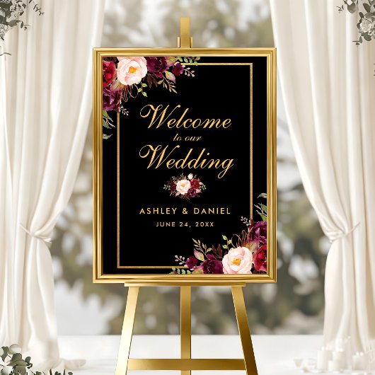 Waterverf Bourgogne Zwart Goud Bruiloft Welkom Poster