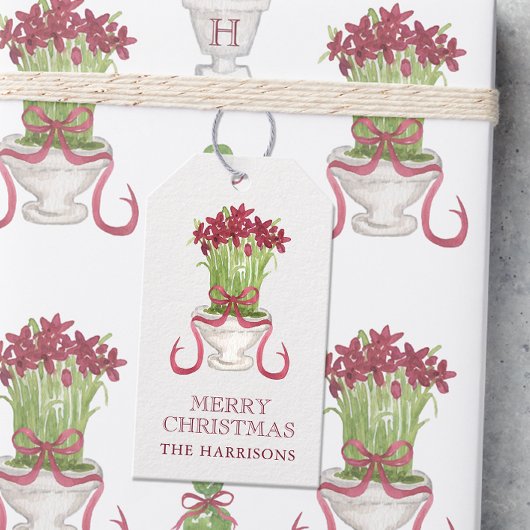 Waterverf Bourgondië Amaryllis Kerstmis Cadeaulabel