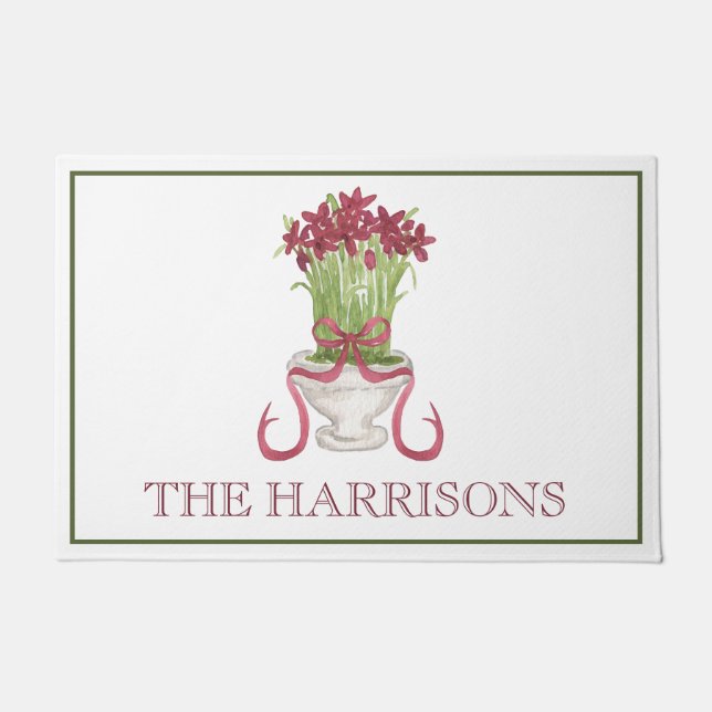 Waterverf Bourgondië Amaryllis Kerstmis Deurmat (Voorkant)