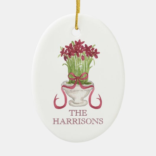 Waterverf Bourgondië Amaryllis Kerstmis Keramisch Ornament (Voorkant)