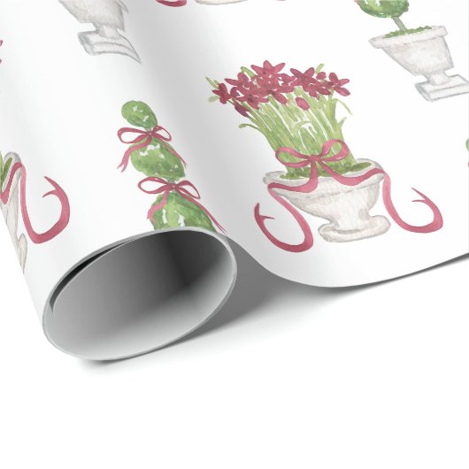 Waterverf Bourgondië Amaryllis & Topiary Kerstmis Cadeaupapier (Rol Hoek)