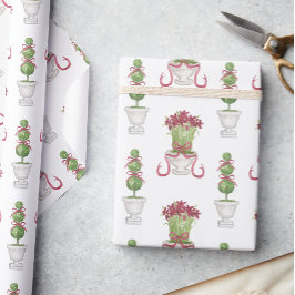 Waterverf Bourgondië Amaryllis & Topiary Kerstmis Cadeaupapier