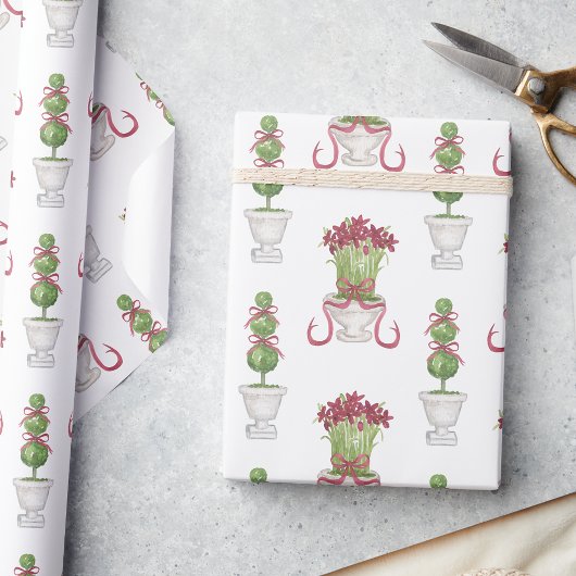 Waterverf Bourgondië Amaryllis & Topiary Kerstmis Cadeaupapier