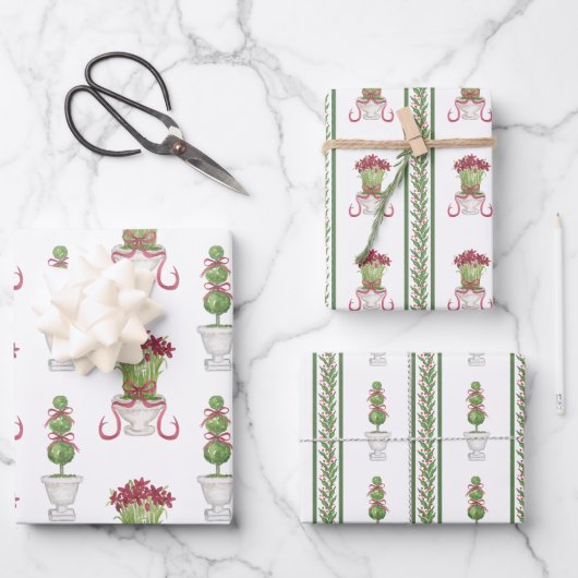 Waterverf Bourgondië Amaryllis & Topiary Kerstmis Inpakpapier Vel (Voorkant)