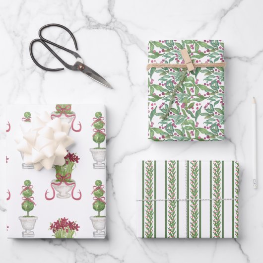 Waterverf Bourgondië Amaryllis & Topiary Kerstmis Inpakpapier Vel (Voorkant)