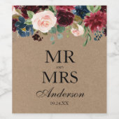 Waterverf Bourgondië Blauw Bloemen Bruiloft Kraft Wijn Etiket (Enkel label)