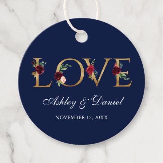 Waterverf Bourgondië Blauw Bloemen Goud Liefde Bru Bedankjes Labels (Voorkant)