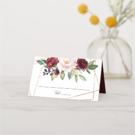 Waterverf Bourgondië Blush Bloem Goud Geometrisch Plaatskaartje