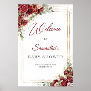 Waterverf Bourgondië en blos Baby shower welkom Poster