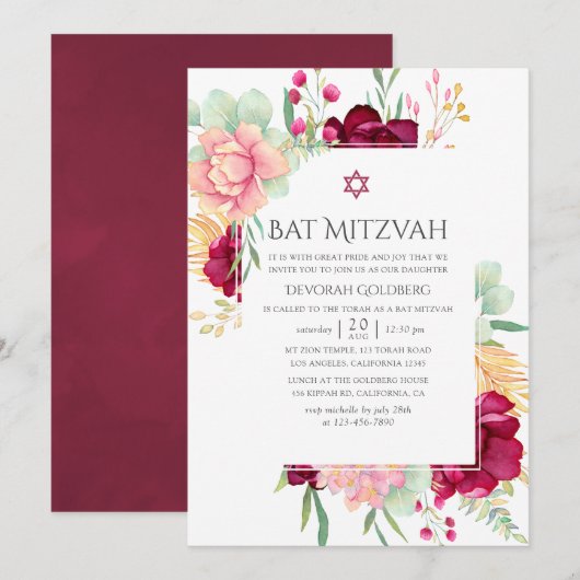 Waterverf Bourgondië en Blush Bloemen Bat Mitzvah Kaart (Voorkant / Achterkant)