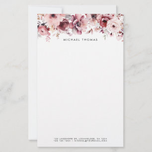 Waterverf Bourgondië en Blush Flowers Briefpapier