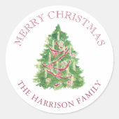 Waterverf Bourgondië en groene kerstboom Ronde Sticker (Voorkant)