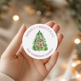 Waterverf Bourgondië en groene kerstboom Ronde Sticker