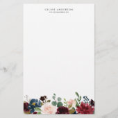 Waterverf Bourgondië en Navy Blue Flowers Garland Briefpapier (Voorkant)