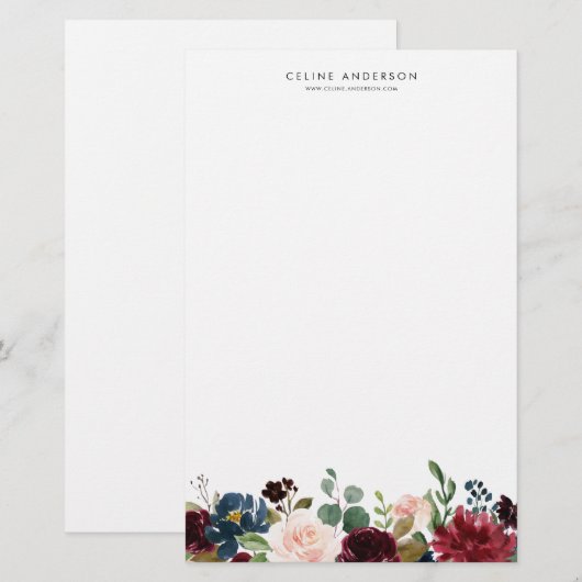 Waterverf Bourgondië en Navy Blue Flowers Garland Briefpapier (Voorkant / Achterkant)