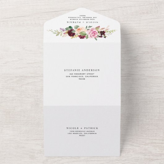 Waterverf Bourgondië en perzik bloemen herfst brui All In One Uitnodiging (Buitenkant)