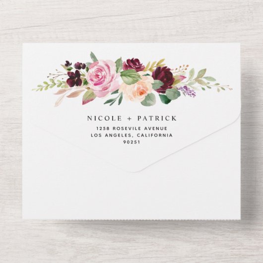 Waterverf Bourgondië en perzik bloemen herfst brui All In One Uitnodiging (Achterkant)