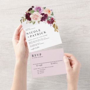 Waterverf Bourgondië en perzik bloemen herfst brui All In One Uitnodiging