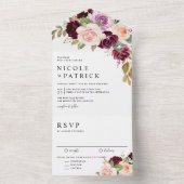 Waterverf Bourgondië en perzik bloemen herfst brui All In One Uitnodiging (Binnen)