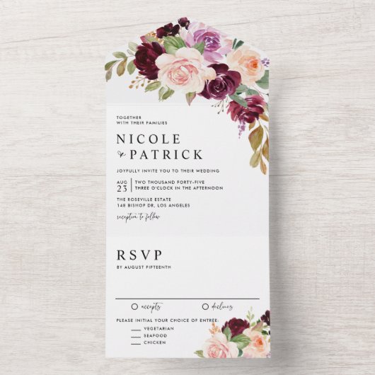 Waterverf Bourgondië en perzik bloemen herfst brui All In One Uitnodiging (Binnen)