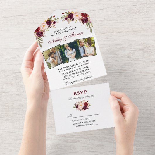 Waterverf Bourgondië Floral 3 foto bruiloft All In One Uitnodiging (Afscheurbaar)