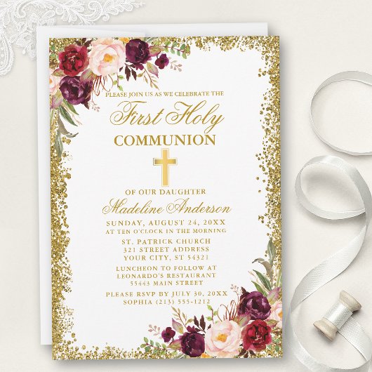 Waterverf Bourgondië Floral Glitter Eerste Communi Kaart