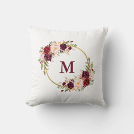 Waterverf Bourgondië Floral Gold Monogram Kussen
