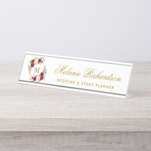 Waterverf Bourgondië Floral krans Goud Monogram Bureau Naambordje (Voorkant)