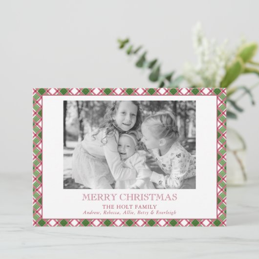 Waterverf Bourgondië & Green Plaid Kerstfoto Feestdagenkaart (Staand voorkant)