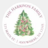 Waterverf Bourgondië & Groene Kerstboom Adres Ronde Sticker (Voorkant)