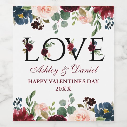 Waterverf Bourgondië Mixed Floral Love Valentijns' Wijn Etiket (Enkel label)