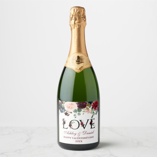 Waterverf Bourgondië Mixed Floral Valentijns's Lov Sparkling Wijnetiket (Voorkant)