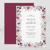 Waterverf Bourgondië Navy Blue Floral Wedding Kaart (Voorkant / Achterkant)